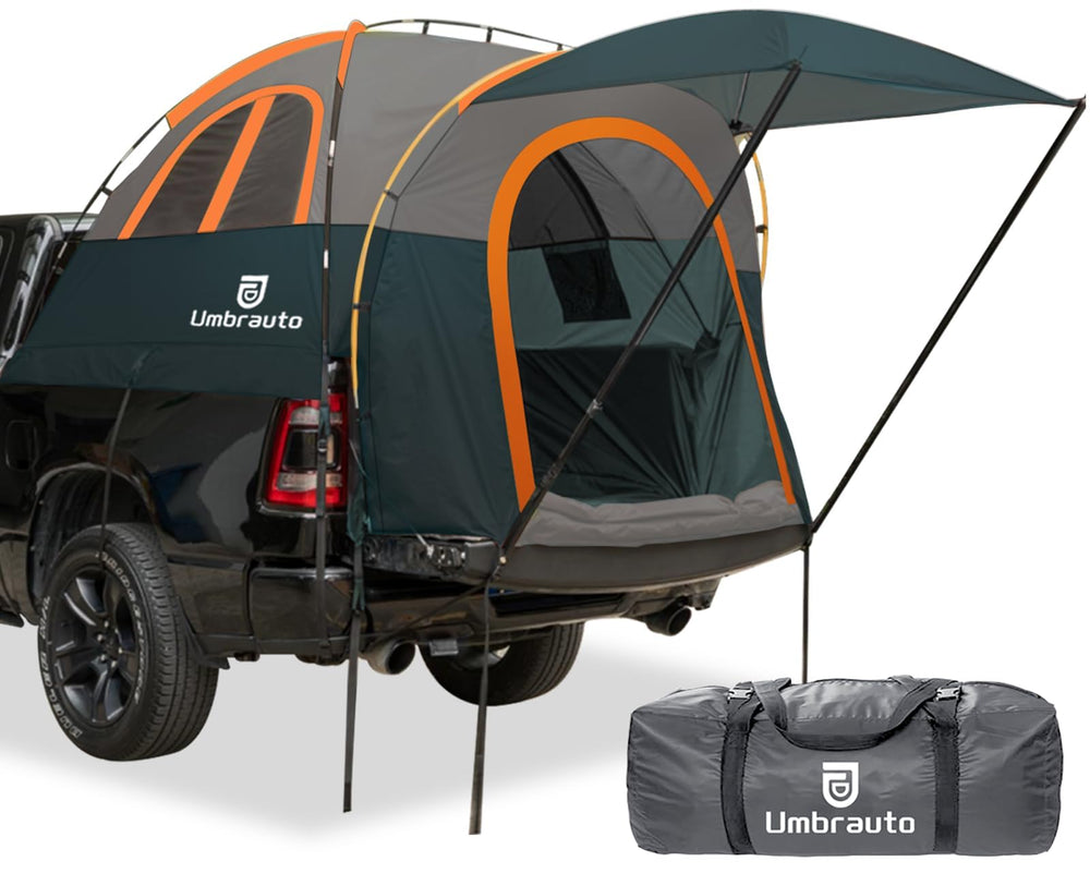 Umbrauto truck bed tent with expandable awning provides shaded comfort during outdoor trips.
