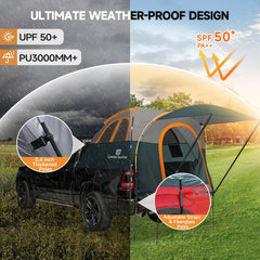 Umbrauto truck bed tent expands with a large awning for shade.