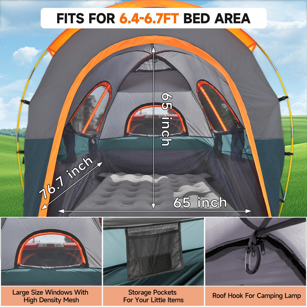 Umbrauto truck bed tent spans 78.7 inches for sleep-ready space in full-size beds.