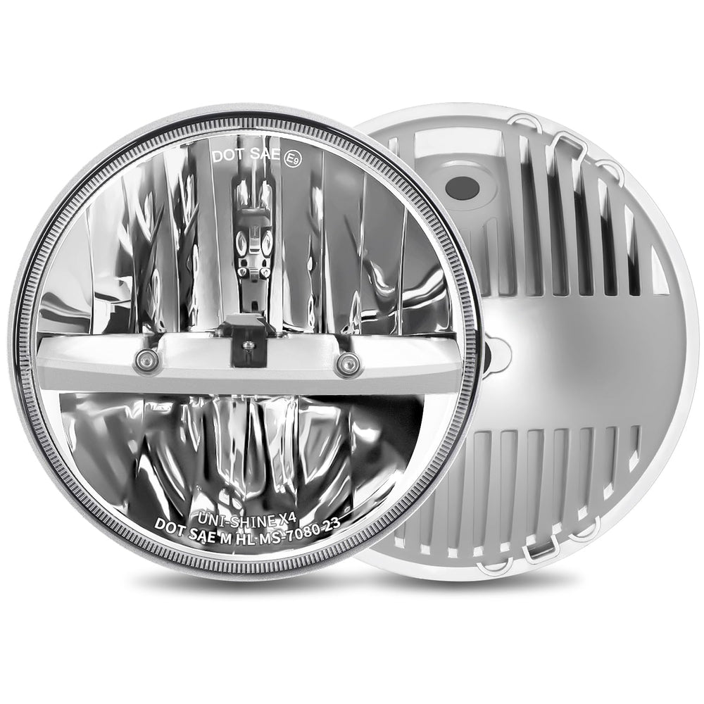 UNI-SHINE 7 inch LED headlight chrome front view enhances visibility on the road