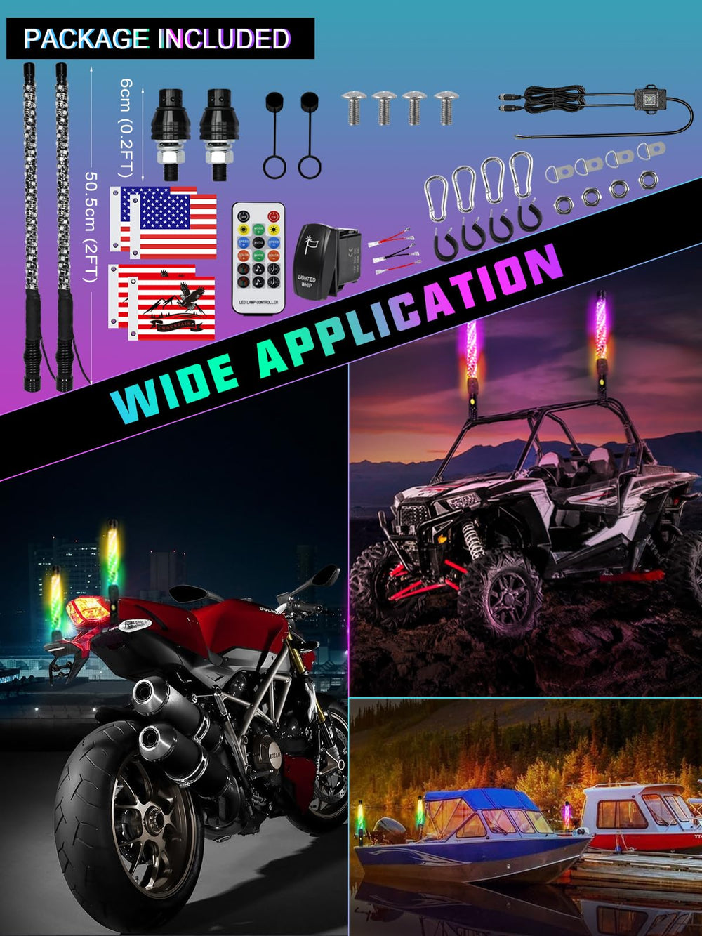 UNI-SHINE LED whip light with RGB chasing effects for dynamic off-road lighting.