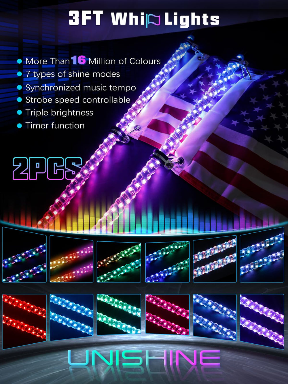 UNI-SHINE LED whip light with spiral RGB for eye-catching chasing effects.