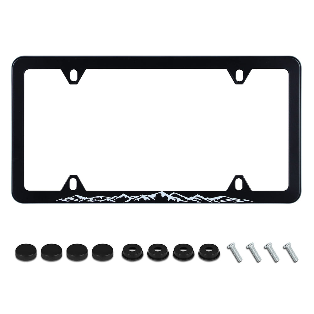 UNINDREM mountains license frame front view adds rugged style while protecting plate edges