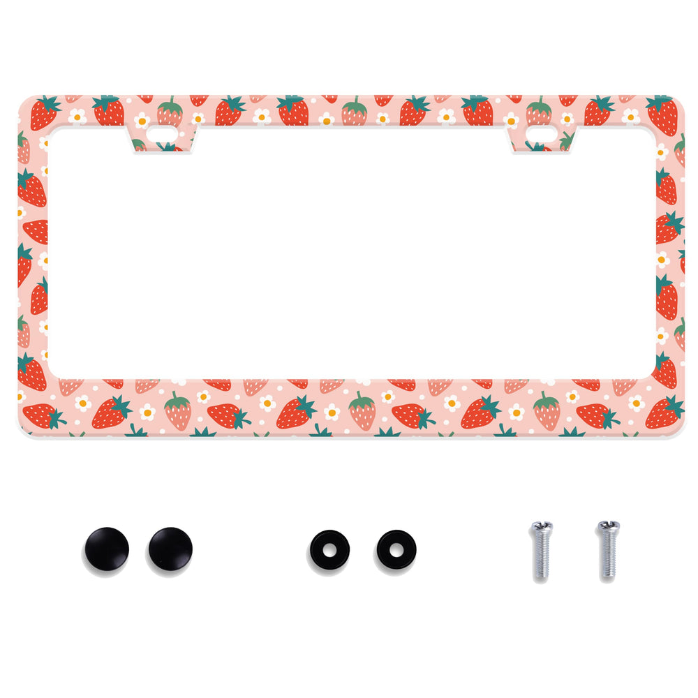 UNINDREM Strawberry license frame front view in stainless steel for edge protection.