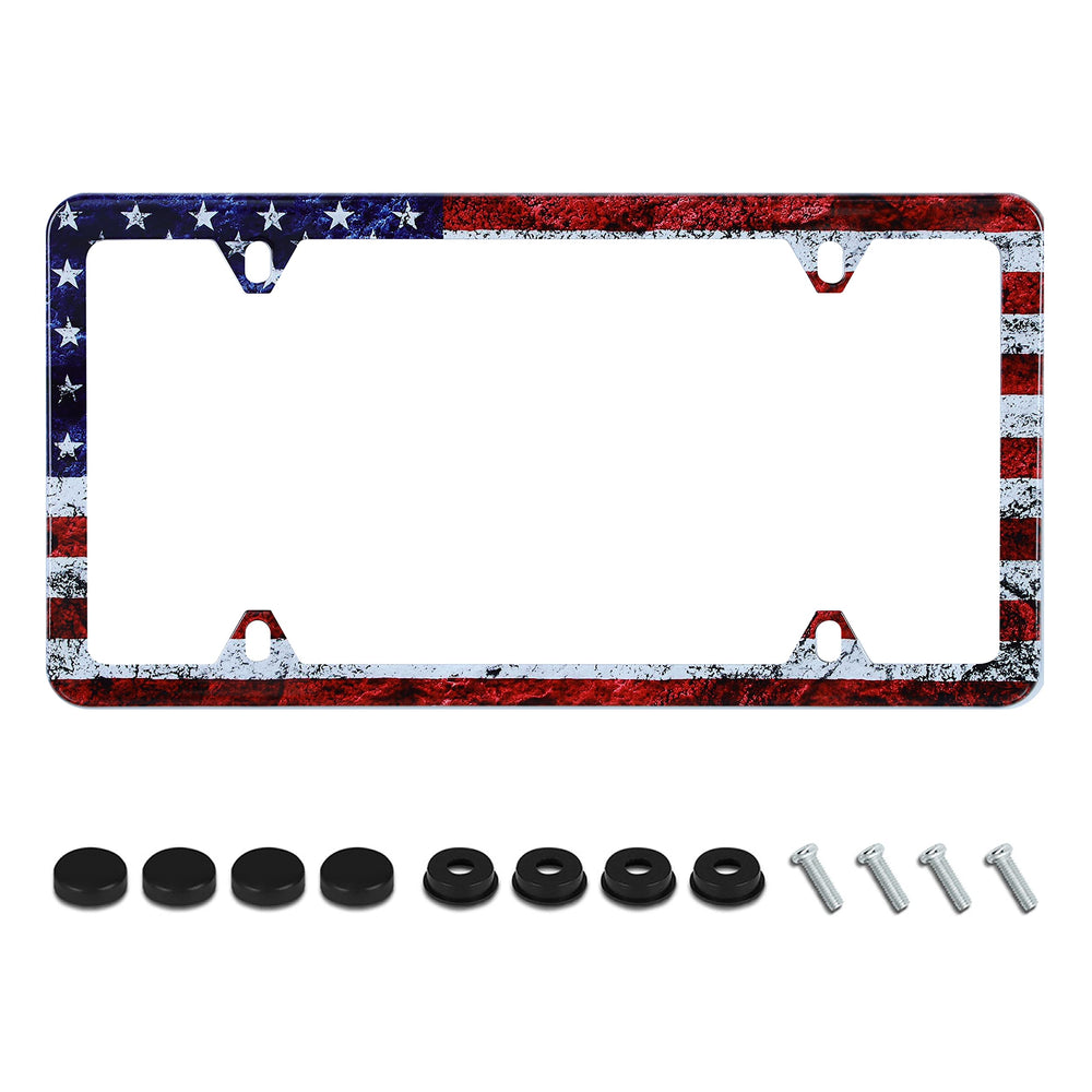 UNINDREM Vintage Flag license frame front view protects the plate and enhances vehicle style.
