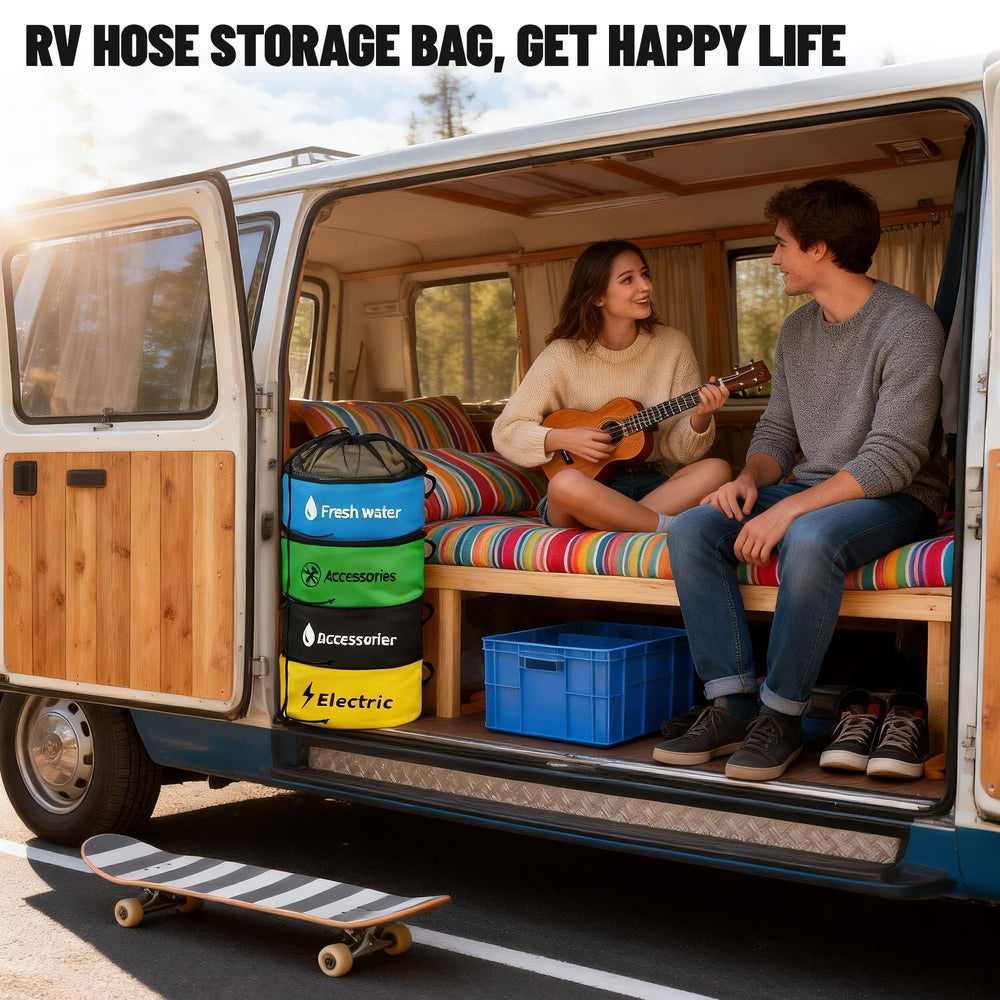 Uningmng 4-pack RV hose storage black bag keeps sewer hoses separate for easy access.