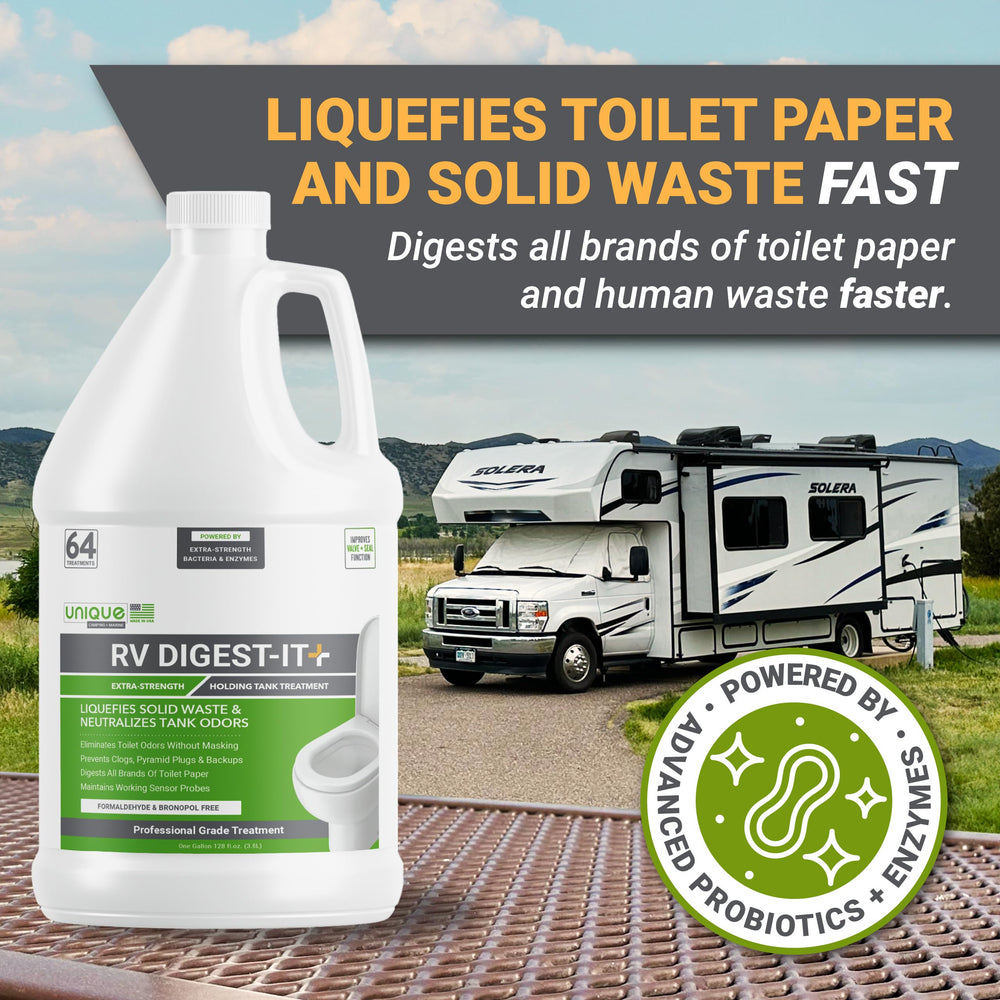 Close-up of Unique RV Digest-It+ label highlighting extra-strength formula for RV waste.