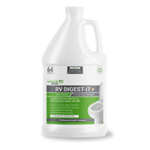 Unique RV Digest-It+ bottle being poured to aid waste digestion and odor control.