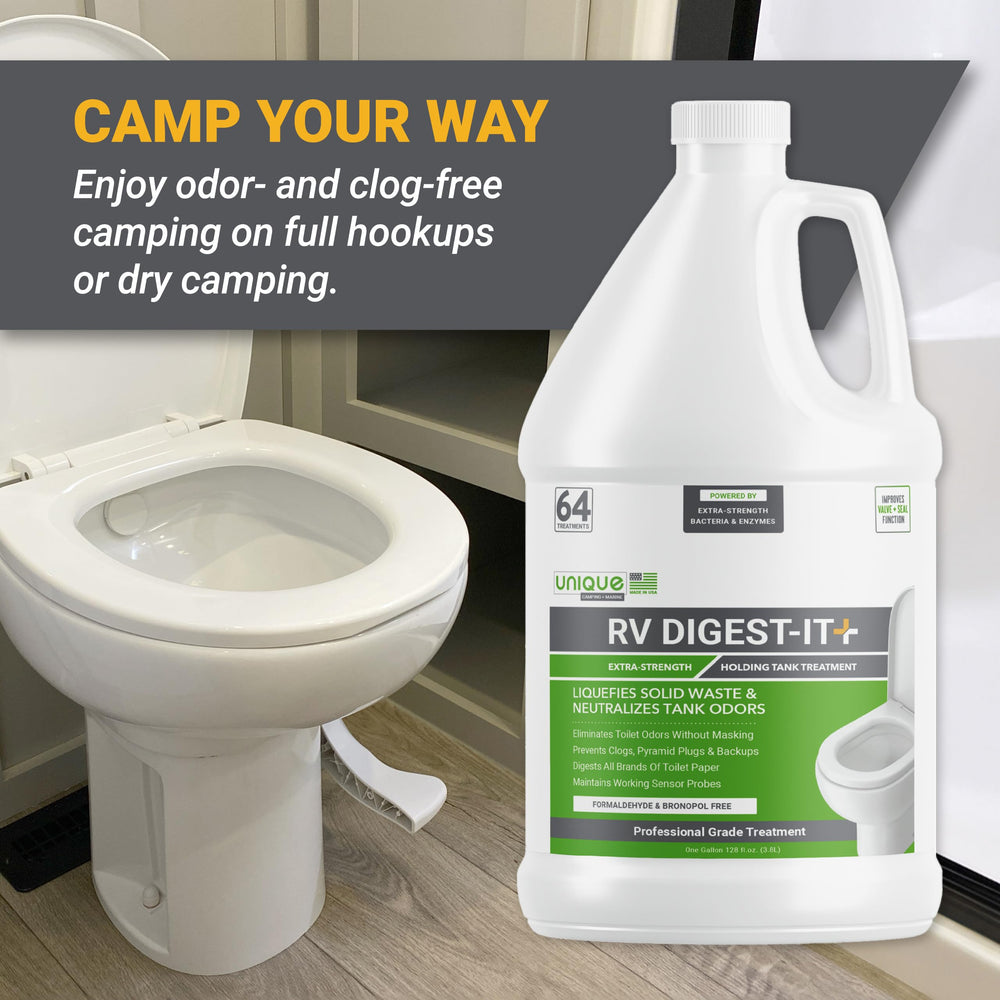 Unique RV Digest-It+ in gray tank scene digesting grease and food debris.