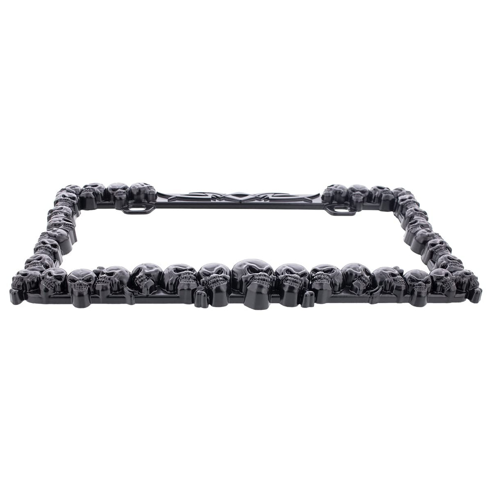 United Pacific black skull license plate frame rear view, built for rugged outdoor use