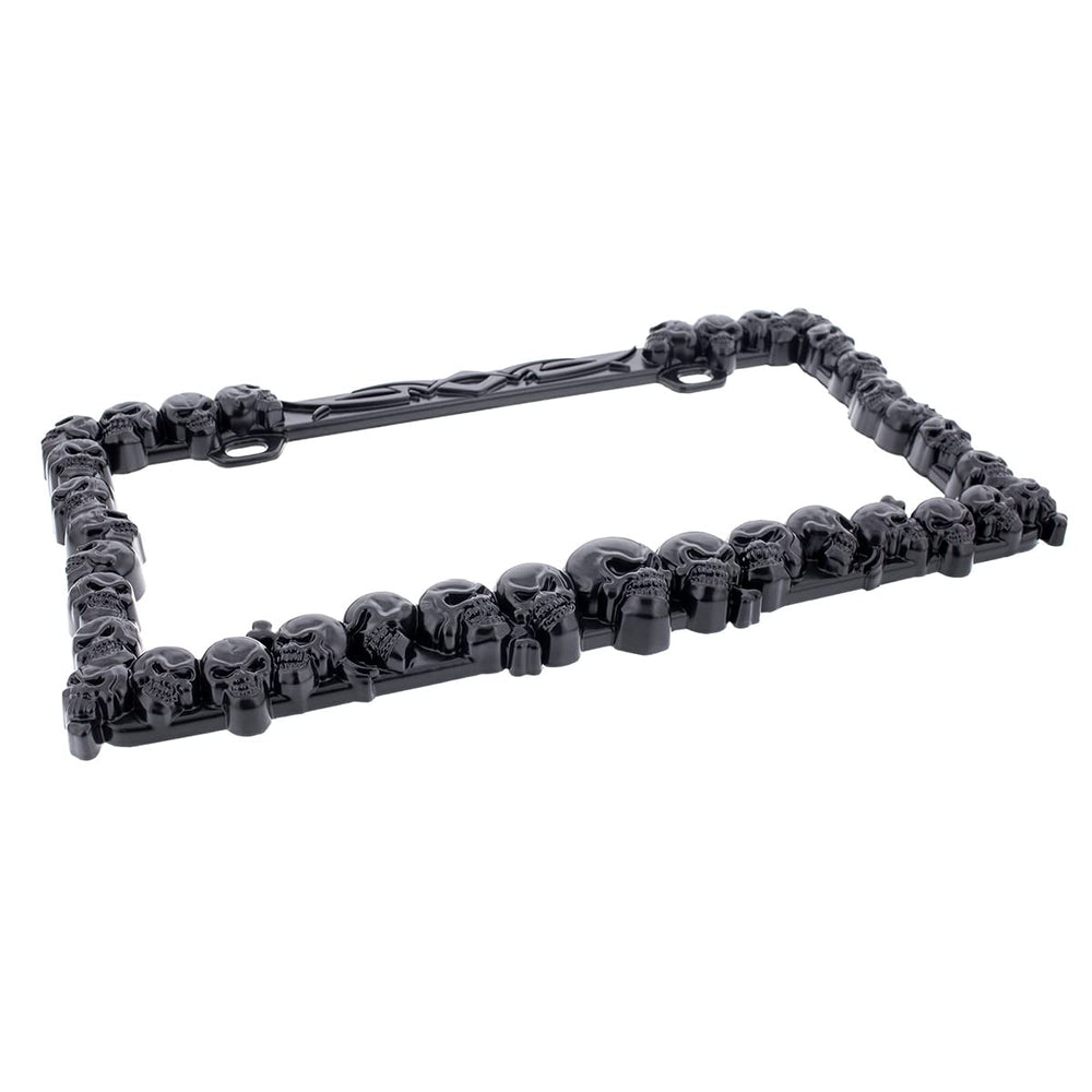 United Pacific black skull license plate frame side view, highlighting bold 3D skull border