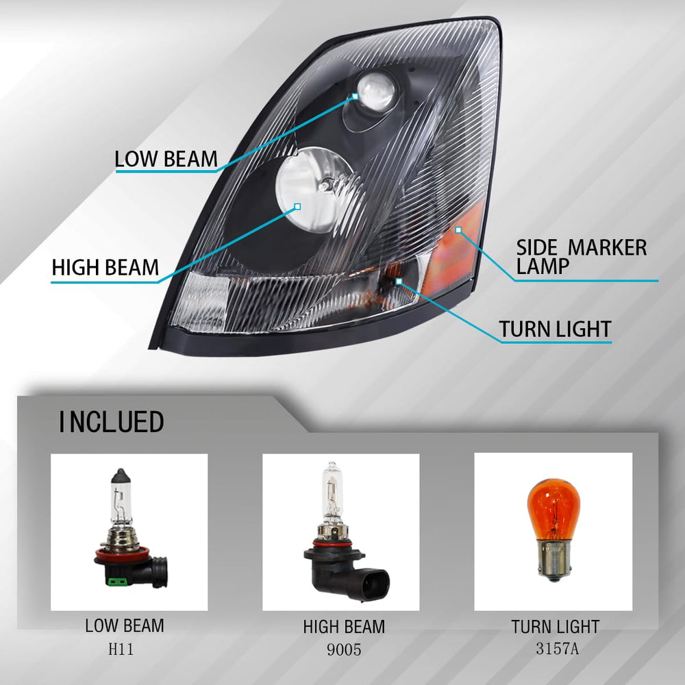 Unitedlu VNL headlight right with black housing for Volvo VNL 670/780