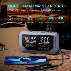 UPFOX USB outputs charge phones and tablets on the go.