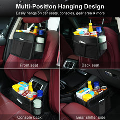 Uplien adjustable straps securing the backseat organizer in multiple positions.