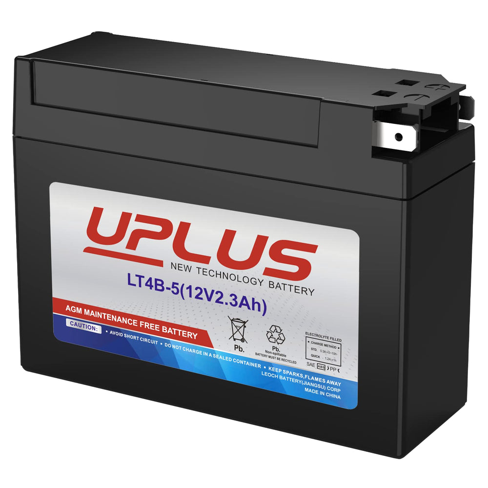 UPLUS YT4B-BS battery front view showing compact size for motorcycles