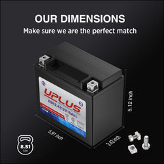 UPLUS YTX12-BS battery installation in motorcycle gear setup.