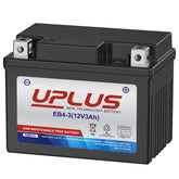 UPLUS YTX4L-BS battery close-up showing compact 12V 3Ah design for quick swaps