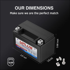 UPLUS YTX7A-BS installed in motorcycle showing maintenance-free power.
