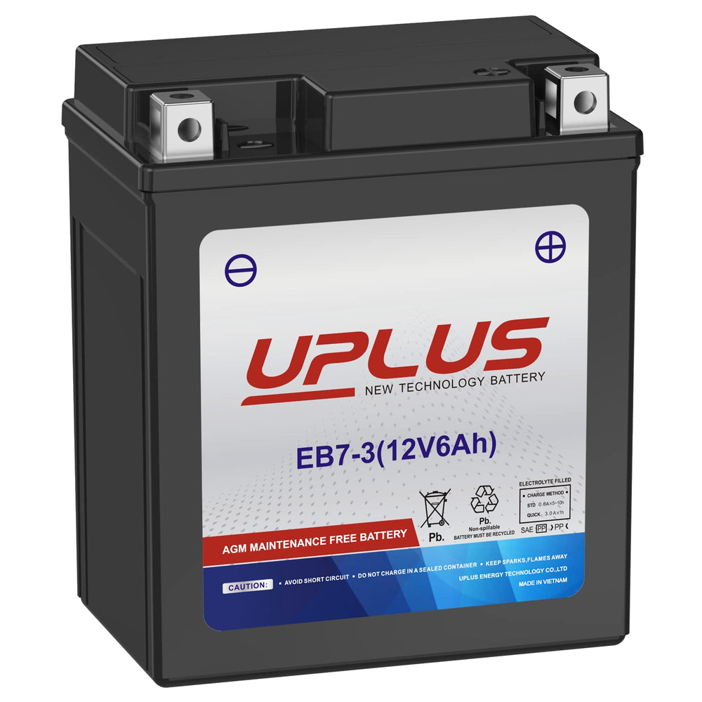 UPLUS YTX7L-BS battery front view showing compact 12V 6Ah AGM design for powersports