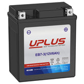 UPLUS YTX7L-BS battery front view showing compact 12V 6Ah AGM design for powersports