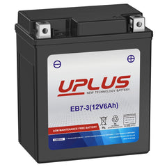UPLUS YTX7L-BS battery front view showing compact 12V 6Ah AGM design for powersports