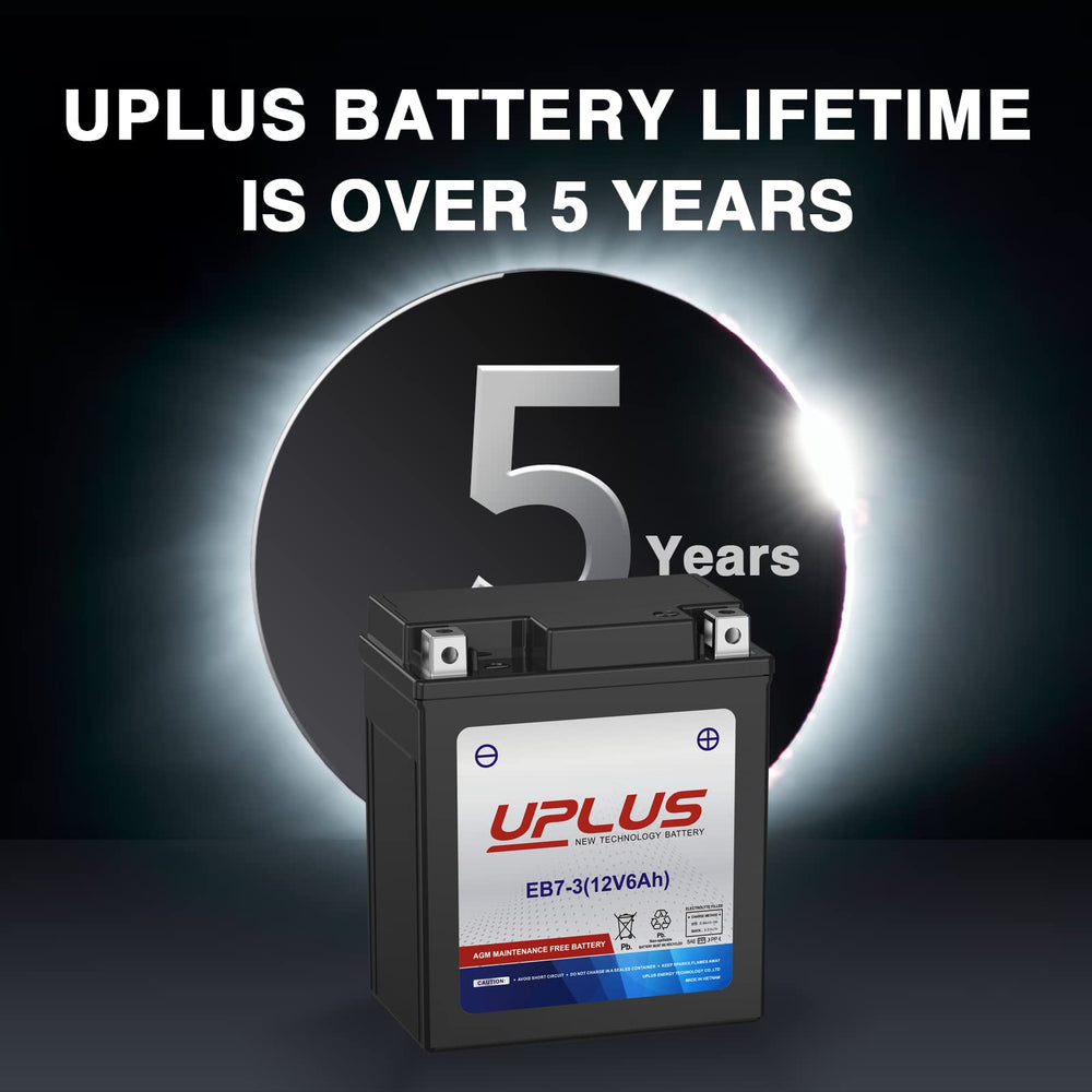UPLUS YTX7L-BS battery side view highlighting maintenance-free sealed AGM construction