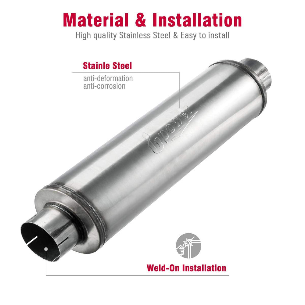 Upower muffler packaging content showing 1x 4-inch unit for easy setup