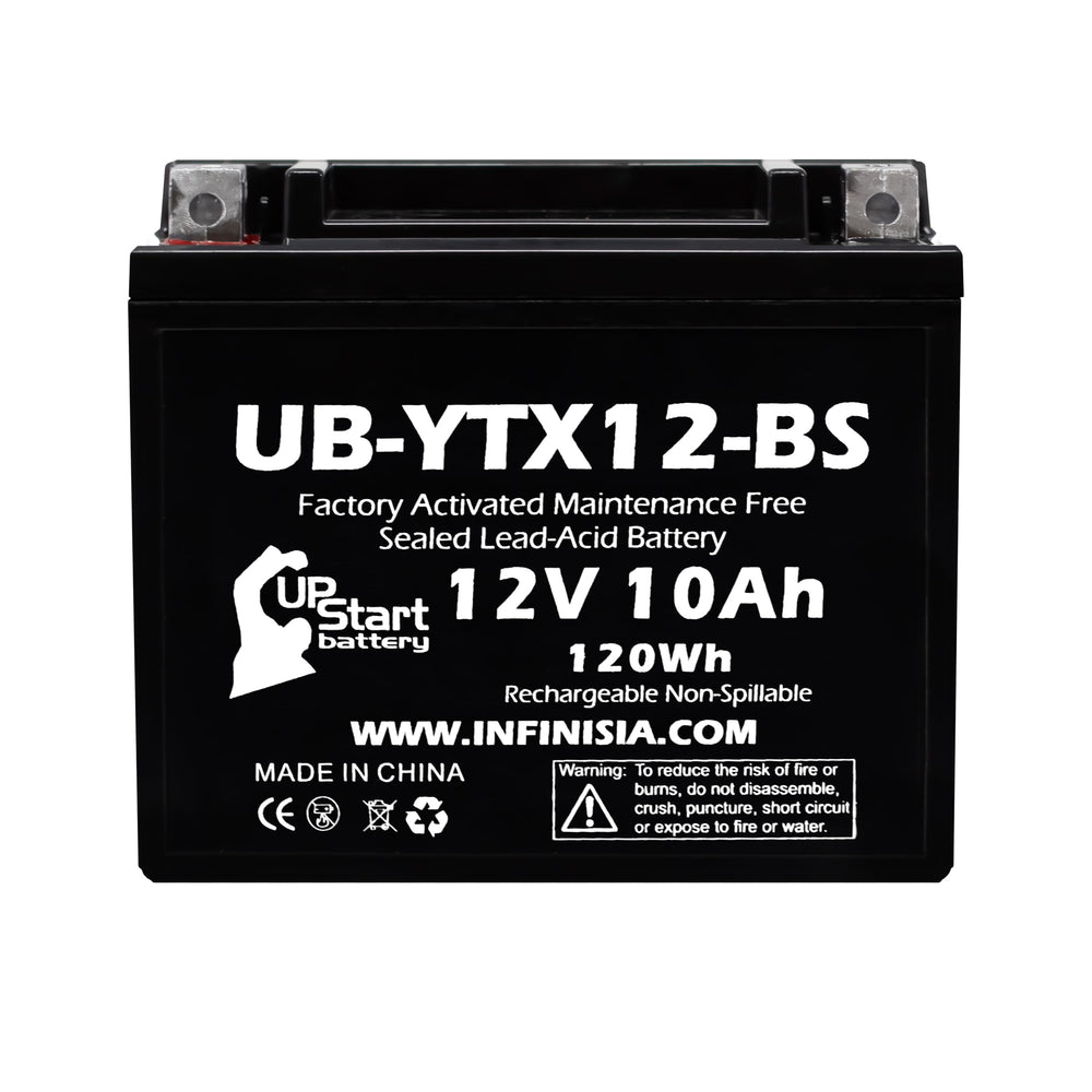 UpStart Battery YTX12-BS pack ready for installation on compatible motorcycles for reliable starting.