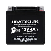 Upstart Battery YTX5L-BS front view ready for quick ATV replacement.