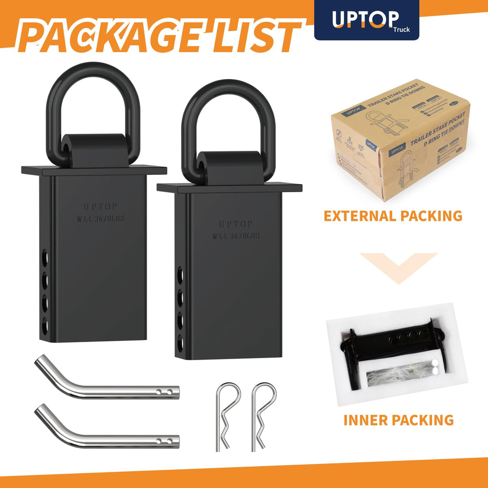 UPTOP D-ring tie-down kit with hitch pins demonstrates quick installation and strong hold.