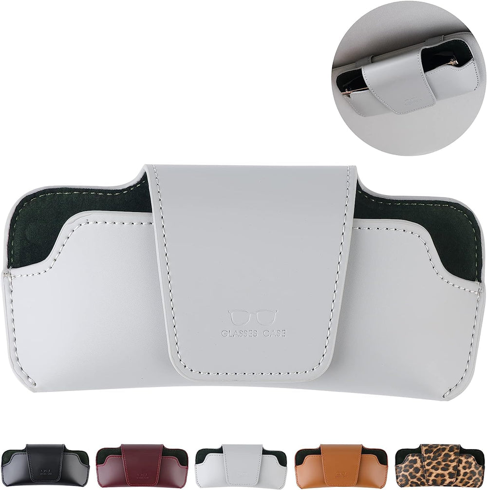 URIZZD sunglass holder for car visor in grey leather keeps glasses protected and accessible.