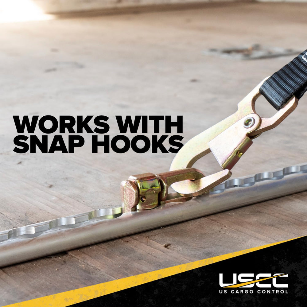 US Cargo Control L Track double stud fittings in use securing a motorcycle
