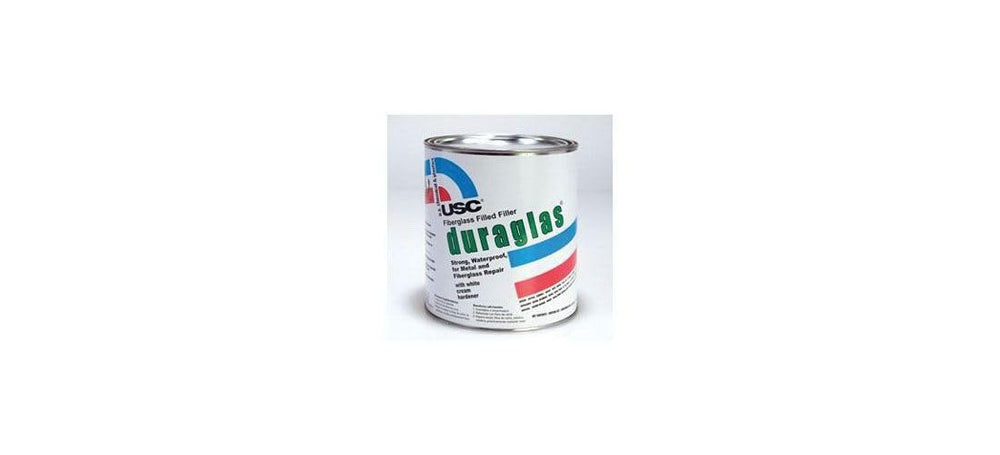 Duraglas 1 gal blue-green filler bottle for rust repair on metal and fiberglass.