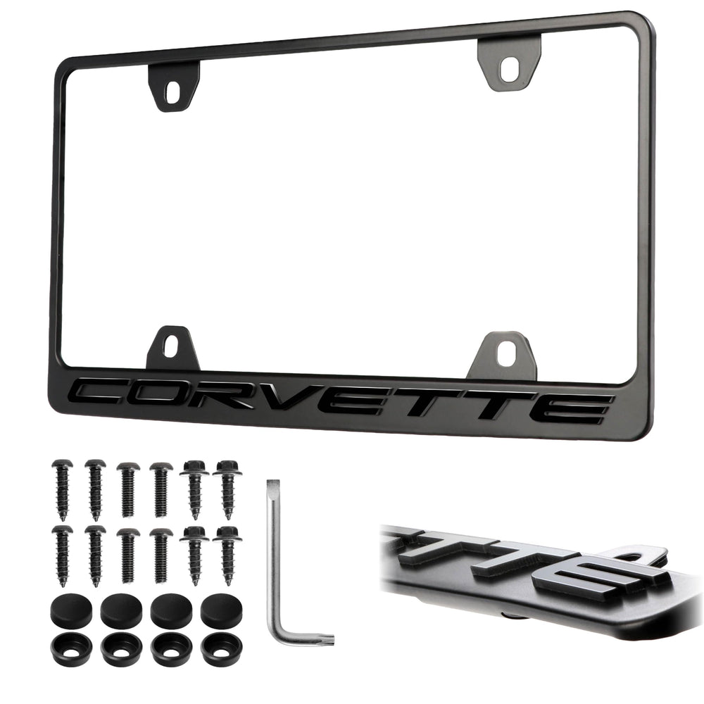 USR Unique Style Racing Corvette frame with stealth matte finish enhances exterior aesthetics.