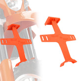 USTPO orange fork guard close-up showing durable plastic protection for front suspension