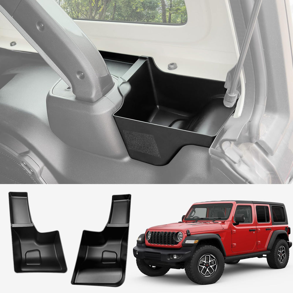 Utiiy wheel well storage bin on the Jeep Wrangler JL side view showing extra cargo space.
