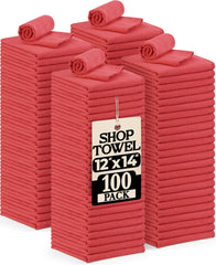 Utopia Towels cotton shop towels in red, 12x14, 100-pack, front view for bulk cleanups