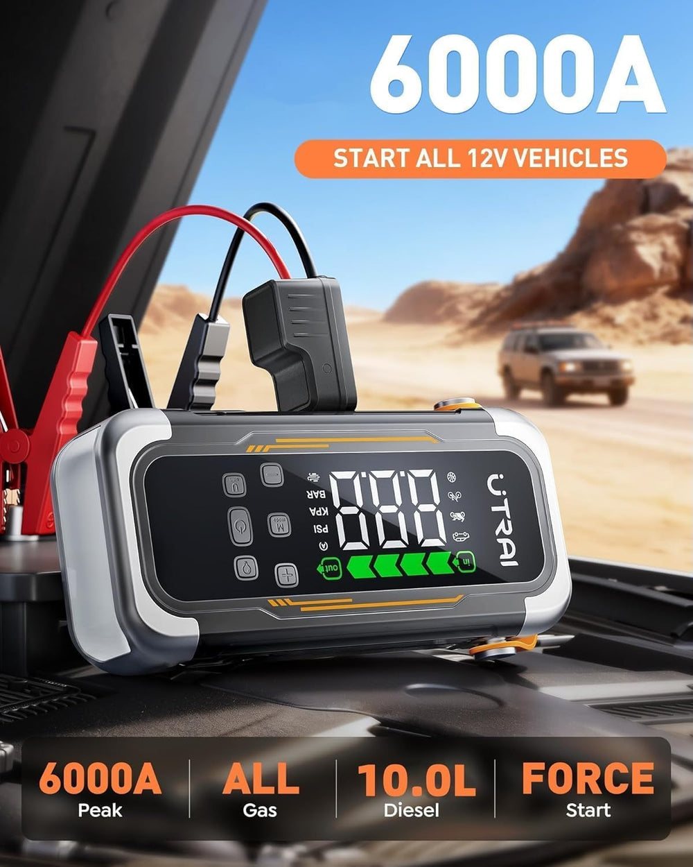 UTRAI 150 psi air pump inflator with real-time tire pressure monitoring.
