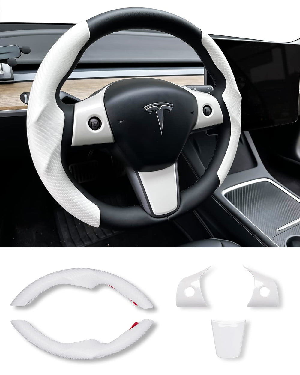 Uxcer carbon fiber steering wheel cover on Tesla Model 3/Y front view, enhances grip