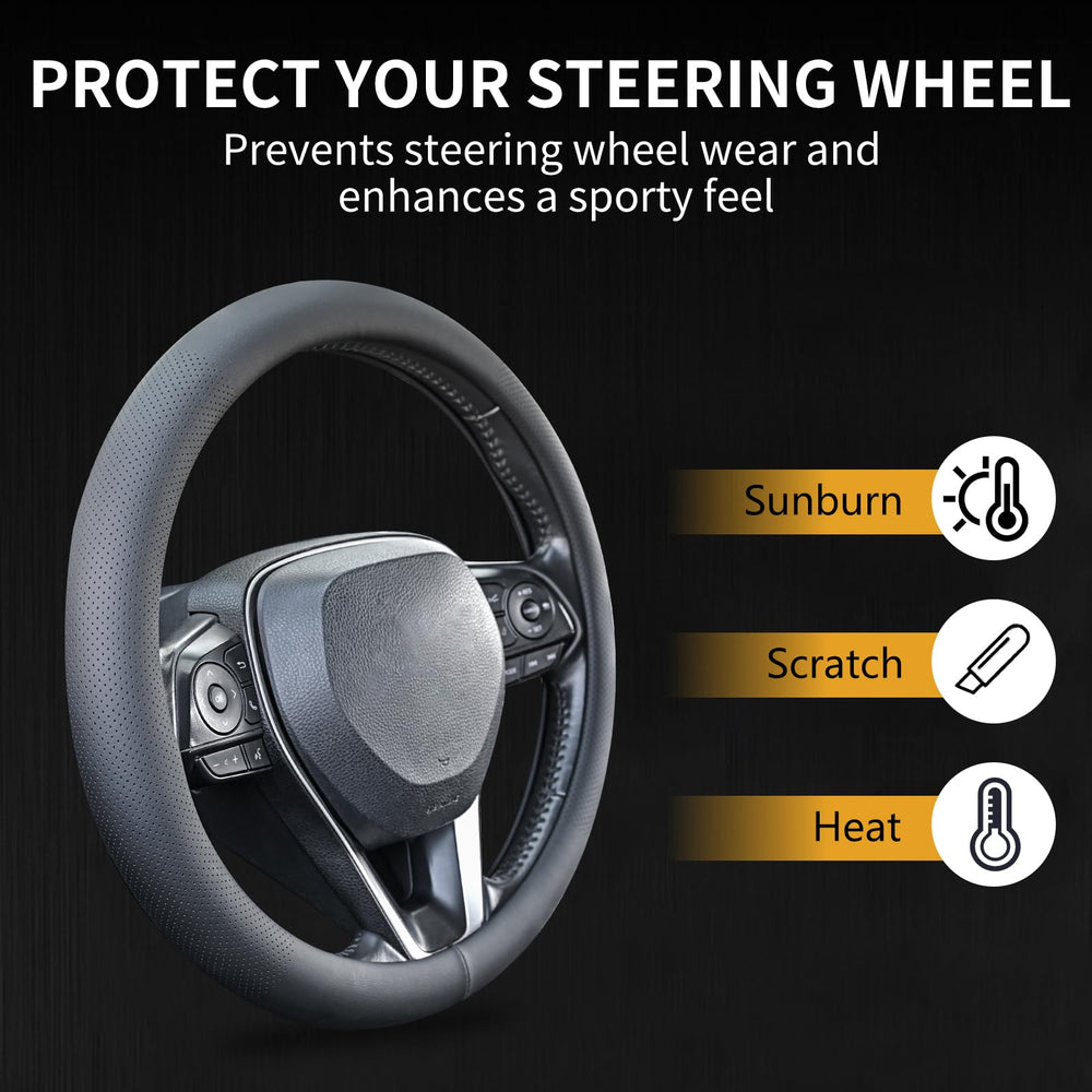 Uxcer Nappa leather steering wheel cover features a black finish for a sleek look