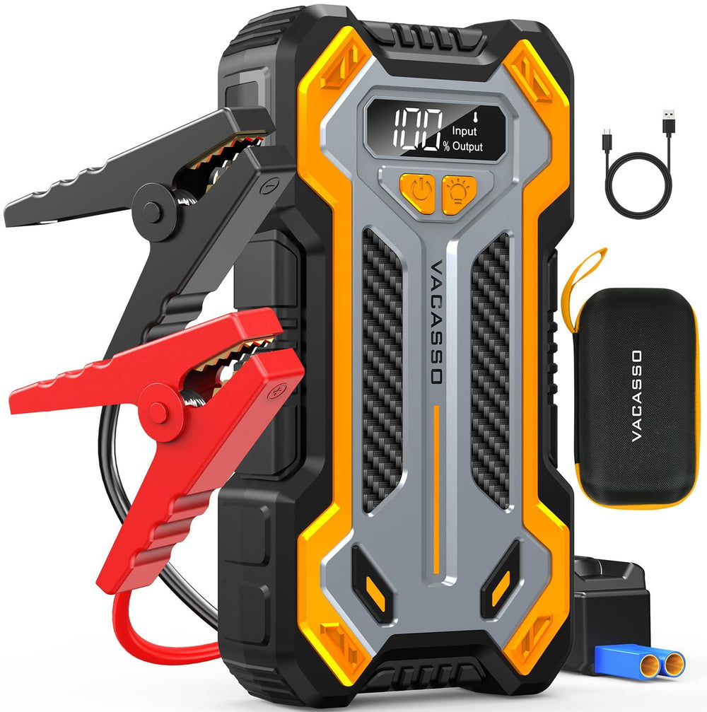 VACASSO 5000A jump starter front view shows compact power for roadside starts.