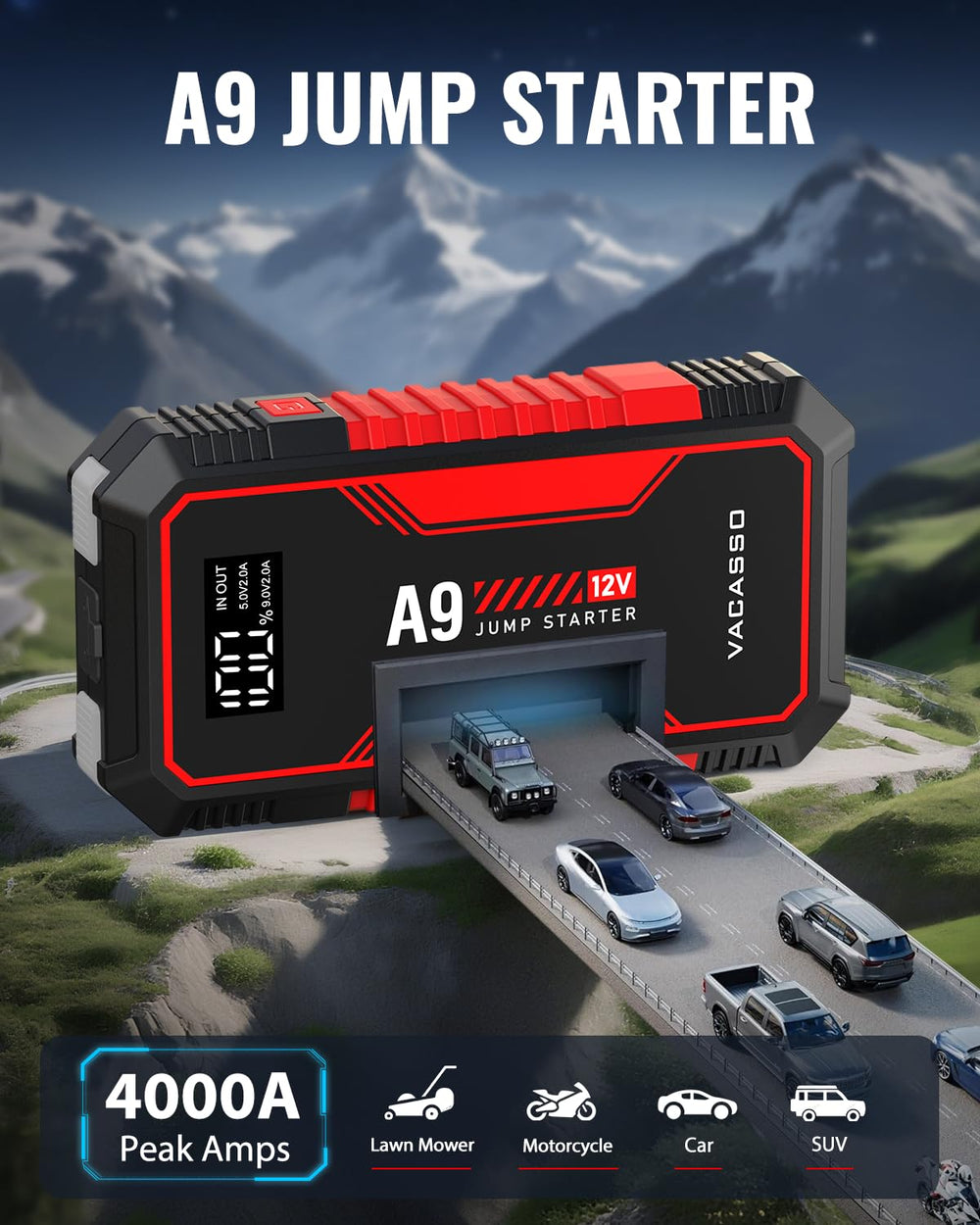 Vacasso A9 LCD screen shows battery status at a glance