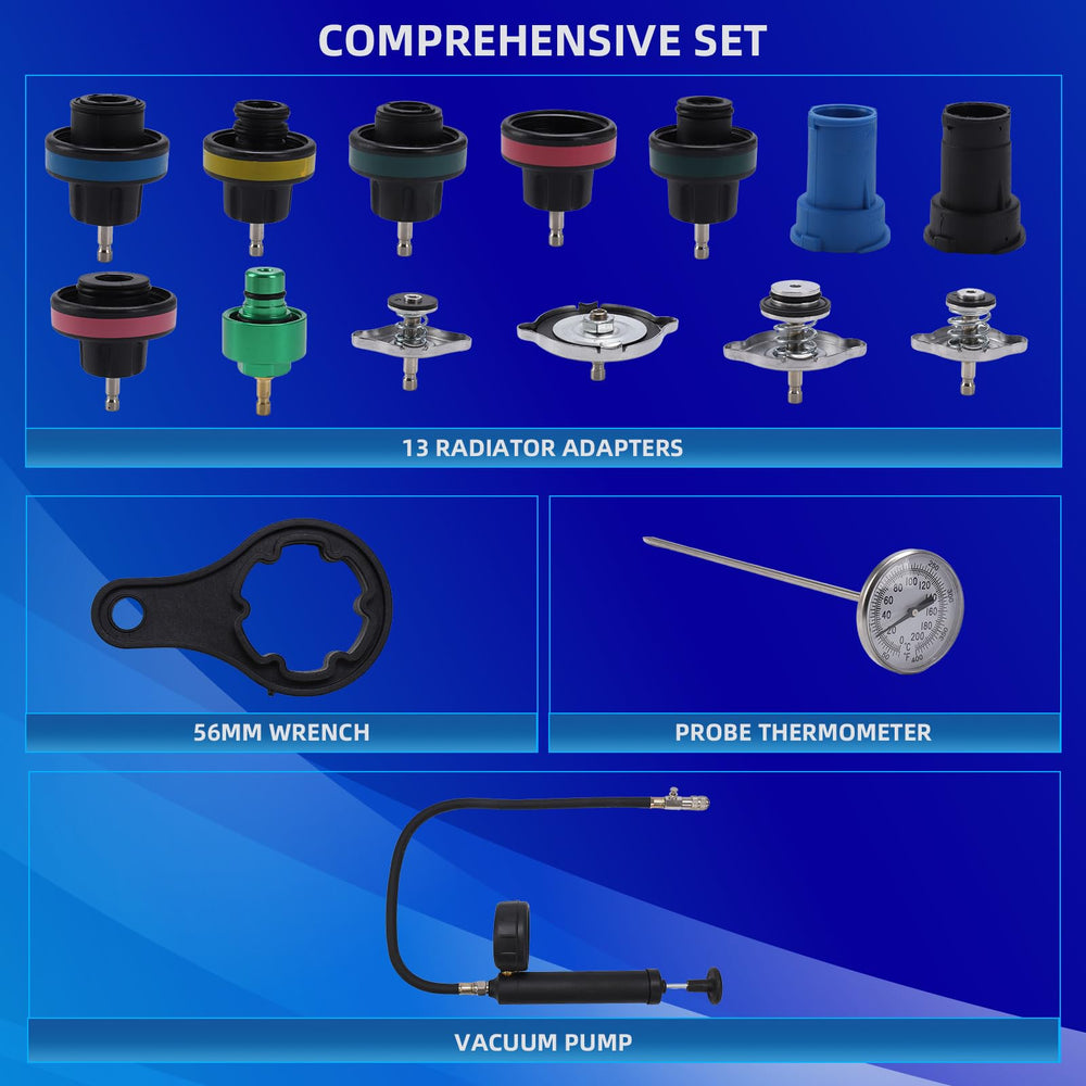 VAGNEUS 13 adapters for universal radiator fitting and leak testing.