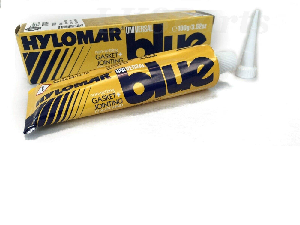 Valco Cincinnati Hylomar Blue packaging displays universal sealing capabilities for engines
