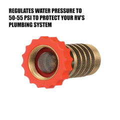 Valterra brass water regulator closeup highlighting lead-free construction