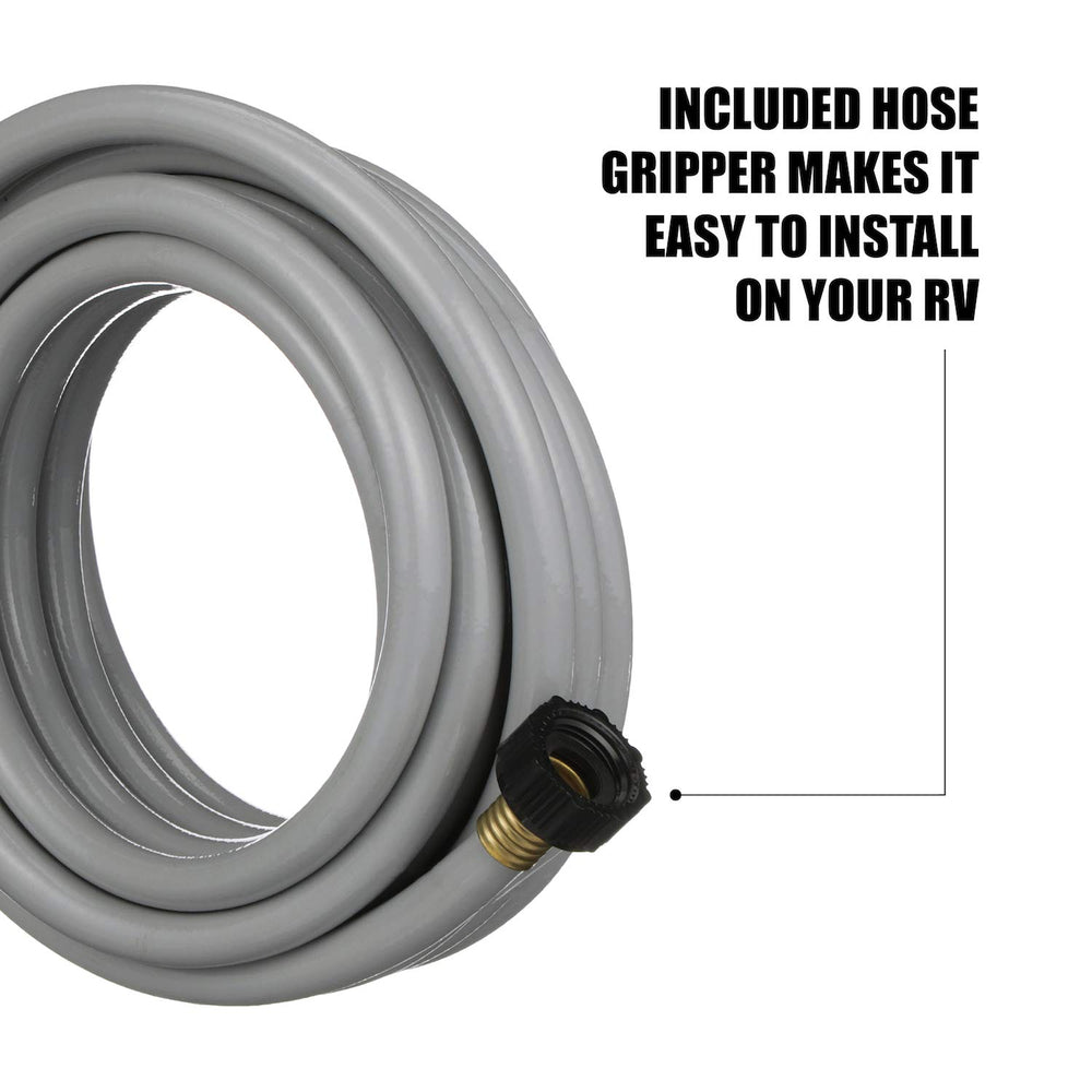 Valterra flushing hose with hose grippers shown on an RV for quick setup