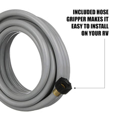 Valterra flushing hose with hose grippers shown on an RV for quick setup