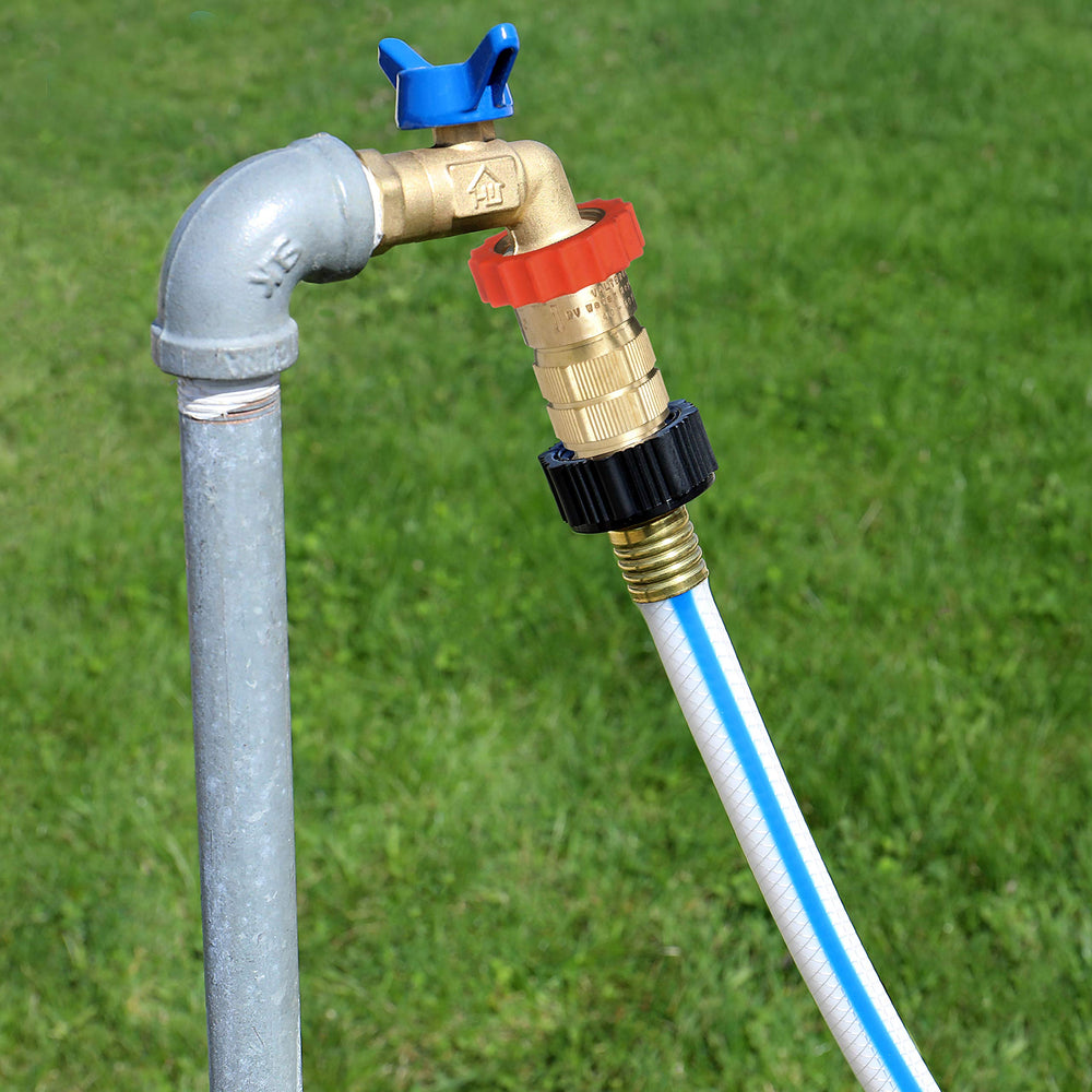 Valterra regulator attached to campground spigot reduces pressure and protects RV hoses.