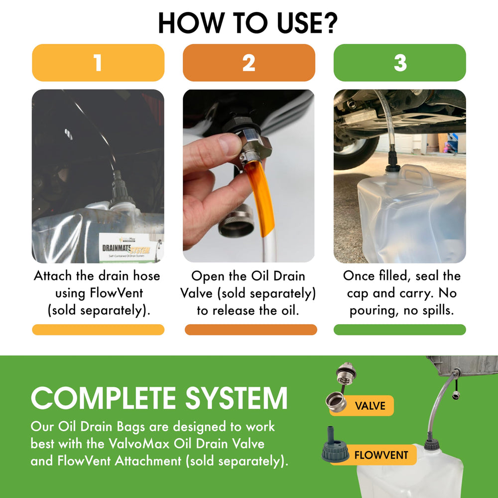 ValvoMax collapsible clear bag for easy oil collection.