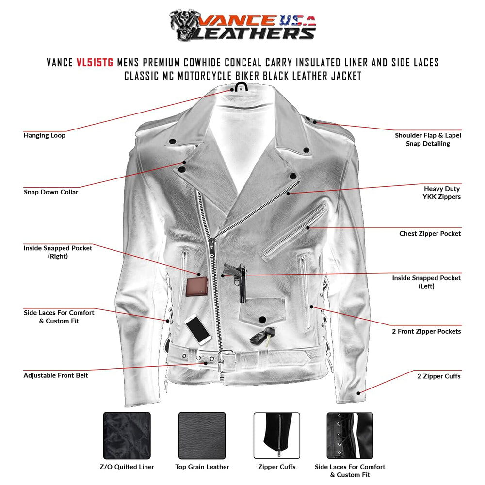 Side laces on Vance Leather jacket for adjustable, comfortable fit during rides.